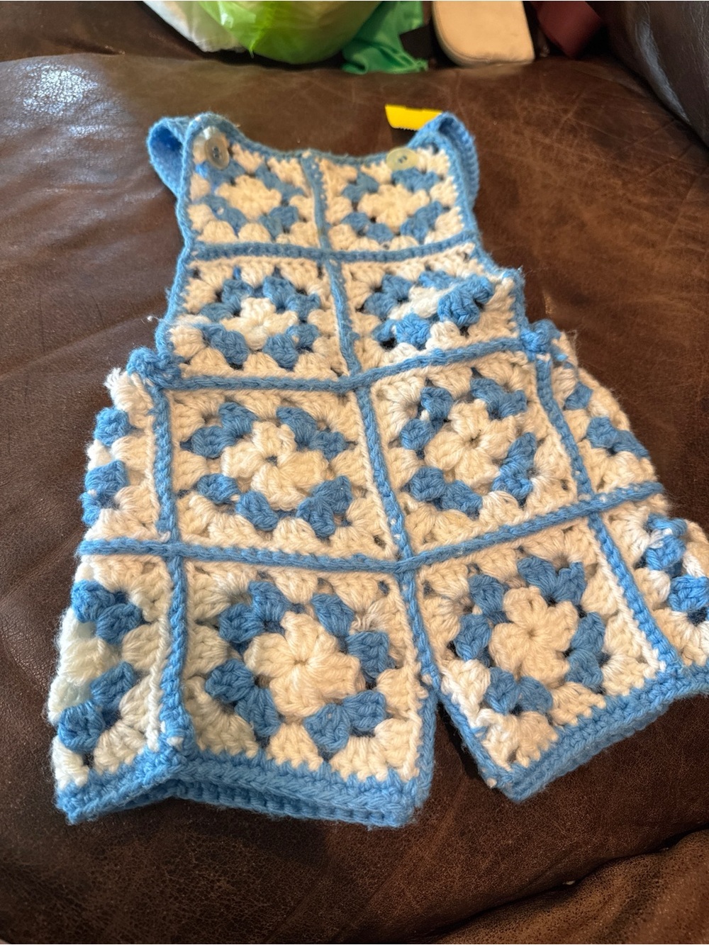 Handmade Blue and Cream Crochet Baby One-Piece Romper